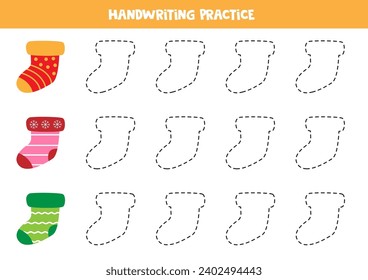 Tracing lines for kids. Cute cartoon socks. Handwriting practice for children.