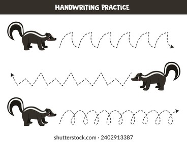 Tracing lines for kids. Cute cartoon skunk. Handwriting practice for children.