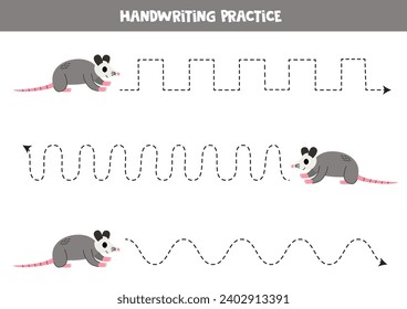 Tracing lines for kids. Cute cartoon opossum. Handwriting practice for children.