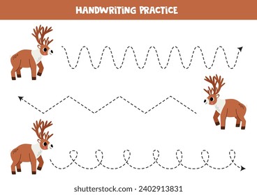 Tracing lines for kids. Cute cartoon caribou. Handwriting practice for children.