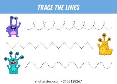 Tracing lines for kids. Cute cartoon monsters. Handwriting practice. Educational game for preschool kids. Activity page. Vector