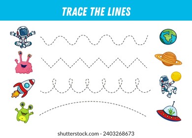 Tracing lines for kids. Cute cartoon astronaut, monster, ufo, rocket ,planet. Handwriting practice. Educational game for preschool kids. Activity page. Space elements. Vector illustration.