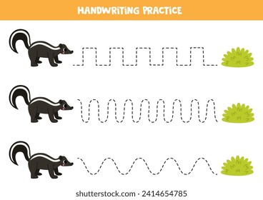 Tracing lines for kids. Cute cartoon skunk and green bush. Handwriting practice for children.