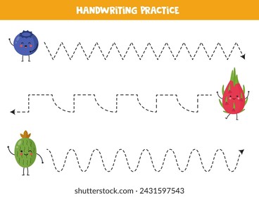 Tracing lines for kids. Cute cartoon fruits and berries. Handwriting practice.