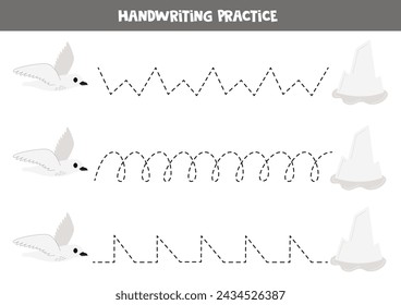 Tracing lines for kids. Cute cartoon snow petrel bird. Handwriting practice.