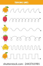 Tracing lines for kids with cute cartoon kawaii fruits. Handwriting practice.