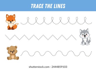Tracing lines for kids. Cute cartoon animals: fox, wolf, teddy bear. Handwriting practice. Educational game for preschool kids. Activity page. Vector illustration.