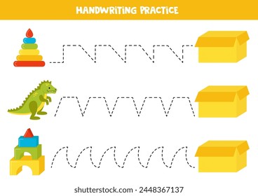 Tracing lines for kids with cute cartoon toys and box. Handwriting practice.