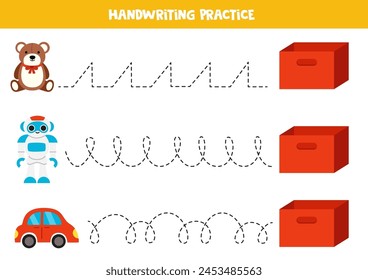 Tracing lines for kids with cute cartoon toys and box. Handwriting practice.