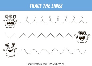 Tracing lines for kids. Cute cartoon monsters. Handwriting practice. Educational game for preschool kids. Activity page. Vector
