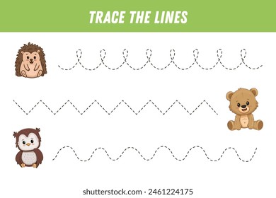 Tracing lines for kids. Cute cartoon forest animals: owl, teddy bear, hedgehog. Handwriting practice. Educational game for preschool kids. Activity page. Vector illustration.