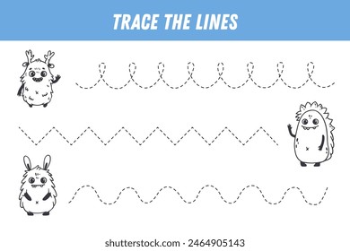 Tracing lines for kids. Cute cartoon monsters. Handwriting practice. Educational game for preschool kids. Activity page. Vector
