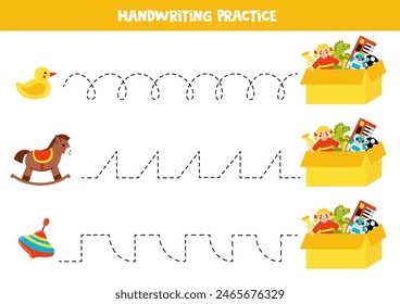 Tracing lines for kids with cute cartoon toys and box. Handwriting practice.