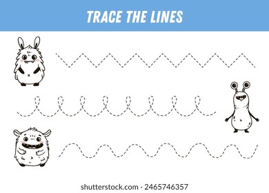 Tracing lines for kids. Cute cartoon monsters. Handwriting practice. Educational game for preschool kids. Activity page. 