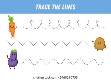 Tracing lines for kids. Cute cartoon vegetables. Potato, carrot, eggplant. Handwriting practice. Educational game for preschool kids. Activity page. Vector 