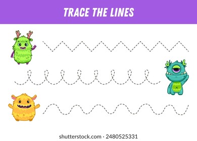 Tracing lines for kids. Cute cartoon monsters. Handwriting practice. Educational game for preschool kids. Activity page. Vector
