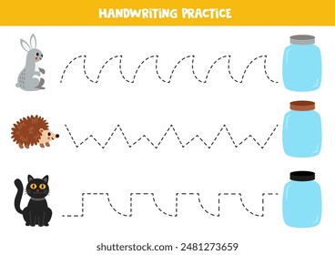 Tracing lines for kids. Cute cartoon colorful jars and animals. Handwriting practice.