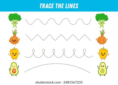 Tracing lines for kids. Cute cartoon vegetables. Broccoli, pepper, onion, avocado. Handwriting practice. Educational game for preschool kids. Activity page. Vector