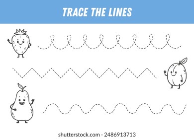 Tracing lines for kids. Cute cartoon fruits. Strawberry, apricot, pear. Handwriting practice. Educational game for preschool kids. Activity page. Vector
