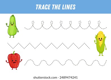 Tracing lines for kids. Cute cartoon vegetables. Zucchini , corn, pepper. Handwriting practice. Educational game for preschool kids. Activity page. Vector