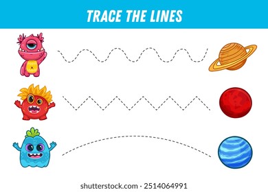 Tracing lines for kids. Cute cartoon monsters and planets. Handwriting practice. Educational game for preschool kids. Activity page. Vector 