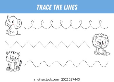 Rastreando linhas para crianças. Lindos animais de animação: leão, tigre, elefante. Prática de caligrafia. Jogo educacional para crianças pré-escolares. página Atividade. Ilustração vetorial.
