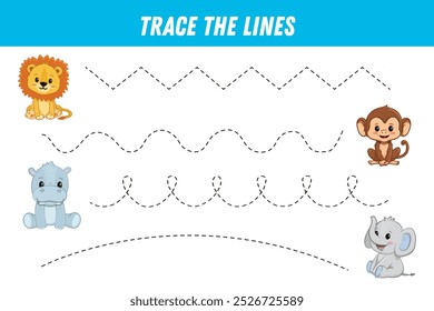 Tracing lines for kids. Cute cartoon animals: lion, monkey, elephant, hippo. Handwriting practice. Educational game for preschool kids. Activity page. Vector