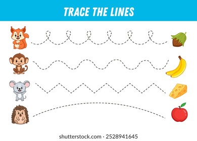 Tracing lines for kids. Cute cartoon animals: hedgehog, mouse, squirrel, monkey. What do animals eat? Handwriting practice. Educational game for preschool kids. Activity page. Vector illustration.
