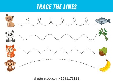 Tracing lines for kids. Cute cartoon animals: panda, cat, squirrel, monkey. What do animals eat? Handwriting practice. Educational game for preschool kids. Activity page. Vector illustration.