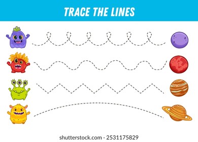 Tracing lines for kids. Cute cartoon monsters and planets. Handwriting practice. Educational game for preschool kids. Activity page. Vector 