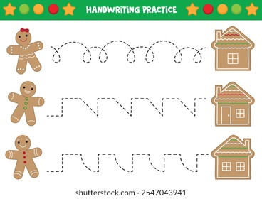 Tracing lines for kids. Cute cartoon gingerbread men and houses. Handwriting practice.