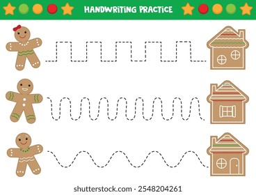 Tracing lines for kids. Cute cartoon gingerbread men and houses. Handwriting practice.