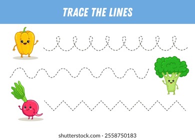 Tracing lines for kids. Cute cartoon vegetables. Funny broccoli, pepper, radish. Handwriting practice. Educational game for preschool kids. Activity page. Vector