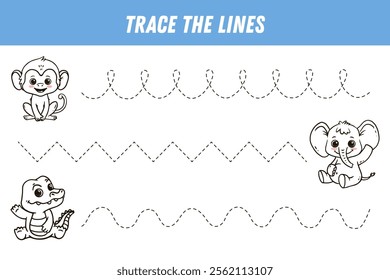 Tracing lines for kids. Cute cartoon animals: monkey, elehpant, crocodile. Handwriting practice. Educational game for preschool kids. Activity page. Vector illustration.
