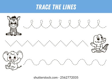 Tracing lines for kids. Cute cartoon animals: zebra, elehpant, crocodile. Handwriting practice. Educational game for preschool kids. Activity page. Vector illustration.
