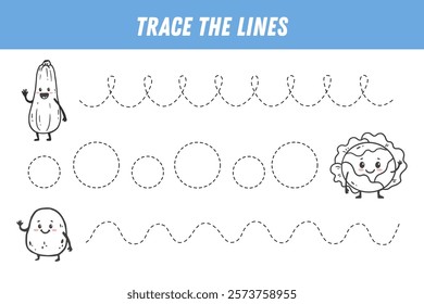 Tracing lines for kids. Cute cartoon vegetables. Potato, cabbage, zucchini. Handwriting practice. Educational game for preschool kids. Activity page. Vector
