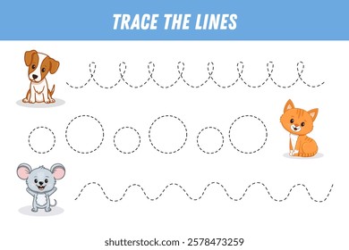 Tracing lines for kids. Cute cartoon orange cat, puppy and mouse. Funny animals. Handwriting practice. Educational game for preschool kids. Activity page. Vector