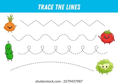 Tracing lines for kids. Cute cartoon vegetables. Onion, tomato, cucumber, cabbage. Handwriting practice. Educational game for preschool kids. Activity page. Vector