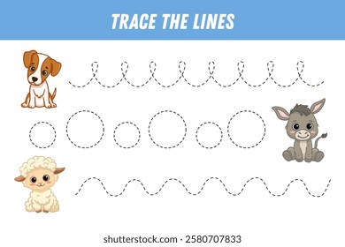 Tracing lines for kids. Cute cartoon dog, donkey and lumb. Funny animals. Handwriting practice. Educational game for preschool kids. Activity page. Vector