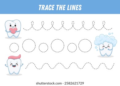 Tracing lines for kids. Cute cartoon teeth. Handwriting practice. Educational game for preschool kids. Activity page. Vector
