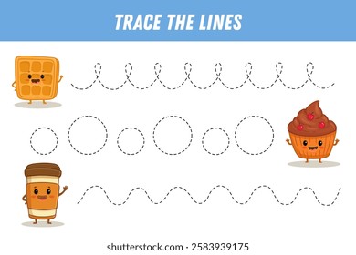 Tracing lines for kids. Cute cartoon sweets. Funny food characters. Cup of cofee, cupcake, viennese waffle . Handwriting practice. Educational game for preschool kids. Activity page. Vector