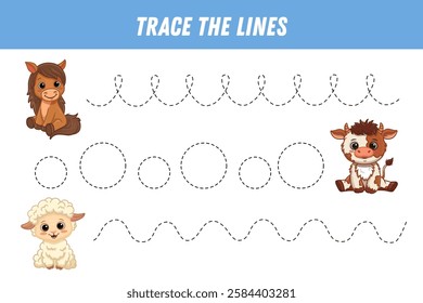 Tracing lines for kids. Cute cartoon animals: horse, cow, sheep. Handwriting practice. Educational game for preschool kids. Activity page. Vector illustration.
