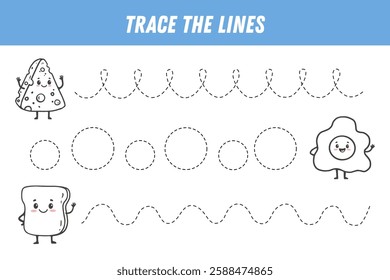 Tracing lines for kids. Cute cartoon food. Funny food characters cheese, fried egg, peace of bread. Handwriting practice. Educational game for preschool kids. Activity page. Vector
