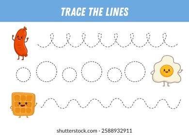 Tracing lines for kids. Cute cartoon food. Funny food characters Viennese waffle, fried egg, sausage. Handwriting practice. Educational game for preschool kids. Activity page. Vector