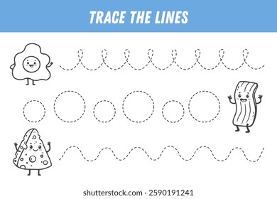 Tracing lines for kids. Cute cartoon food. Funny food characters cheese, fried egg, peace of bacon. Handwriting practice. Educational game for preschool kids. Activity page. Vector