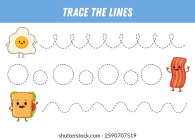 Tracing lines for kids. Cute cartoon food. Funny food characters sandwich, fried egg, peace of bacon. Handwriting practice. Educational game for preschool kids. Activity page. Vector