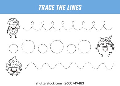  Tracing lines for kids. Cute cartoon sweets. Funny food characters. Handwriting practice. Educational game for preschool kids. Activity page. Vector

