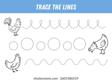 Tracing lines for kids. Cute cartoon birds. Hen and rooster in doodle style. Handwriting practice. Educational game for preschool kids. Easter activity page. Vector illustration
