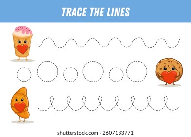 Tracing lines for kids. Cute cartoon sweets. Funny food characters. Ice cream, cookie, croissant with red heart. Handwriting practice. Educational game for preschool kids. Activity page. Vector
