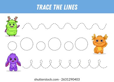 Tracing lines for kids. Cute cartoon monsters. Handwriting practice. Educational game for preschool kids. Activity page. Vector
